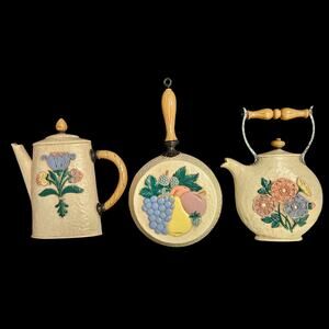 1995 Home Interiors Wall Plaques Set of 3 Teapot Coffee Pot Skillet Floral Fruit